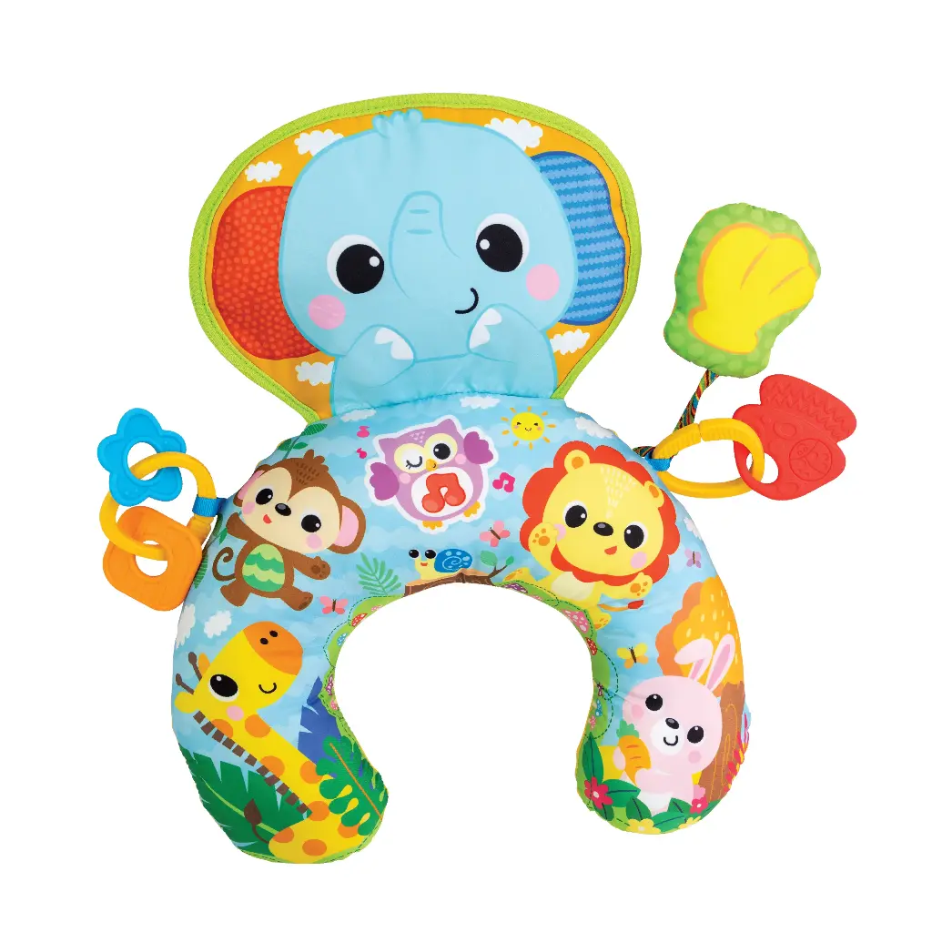 WINFUN Jungle Fun Tummy Time Kussen speelt vrolijke melodietjes met rammelaar en babyveilige bijtring