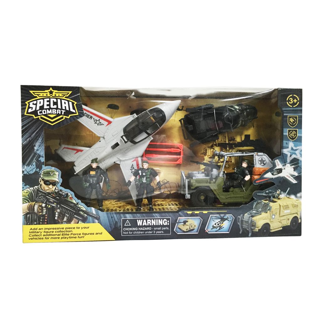 Ensemble militaire des forces spéciales avec avion de chasse et jeep